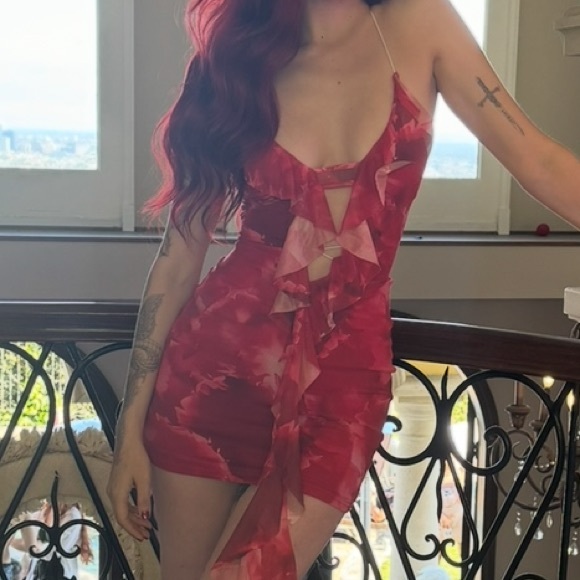 Red Ruffled Mini Dress - Picture 4 of 6